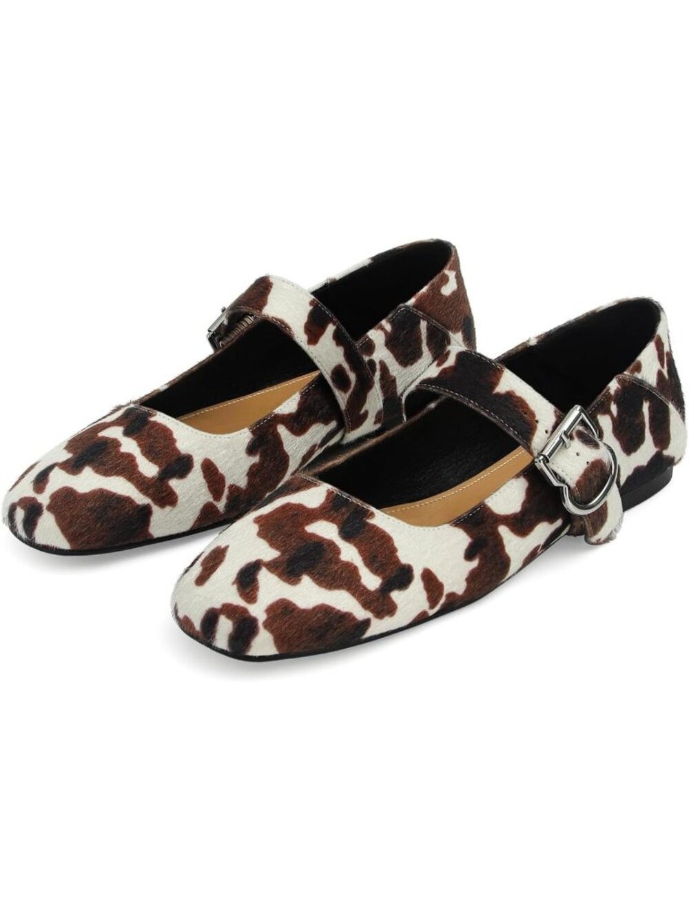 Women's Cow Rubber Sole Casual Buckle Strap Comfy Fishnet Ballerina Flat Shoes